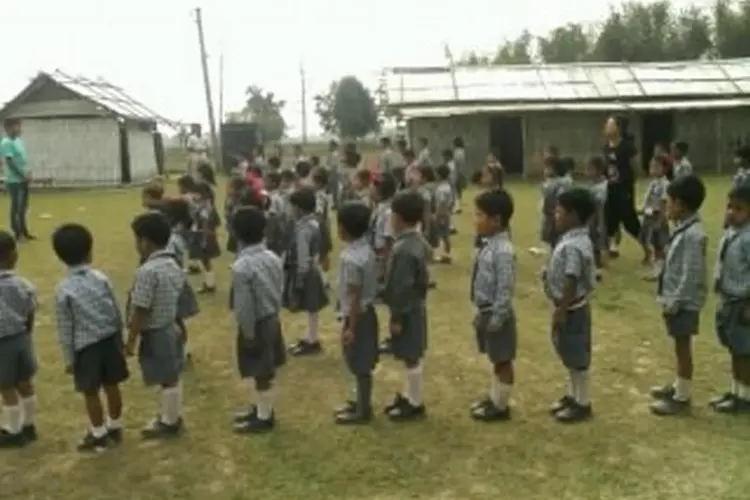 Sunday School children outside arranged in lines