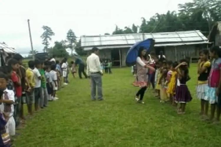 Sunday School children lined up outside